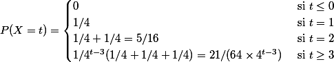P(X=t) = \begin{cases} 0 & \text{ si } t \le 0 \\ 1/4 & \text{ si } t = 1 \\ 1/4 + 1/4 = 5/16 & \text{ si } t = 2 \\ 1/4^{t-3}(1/4 + 1/4 + 1/4)= 21/(64 \times 4^{t-3}) & \text{ si } t \ge 3 \end{cases}